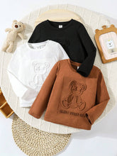3pcs Set Young Girls Solid Color Knit Round Neck Casual T-Shirt With 3D Bear Pattern